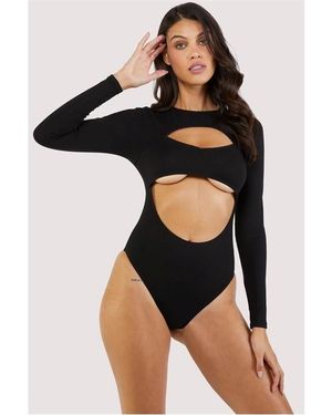 Wolf & Whistle Laurel Cut-Out Jersey Long-Sleeved Body - Black