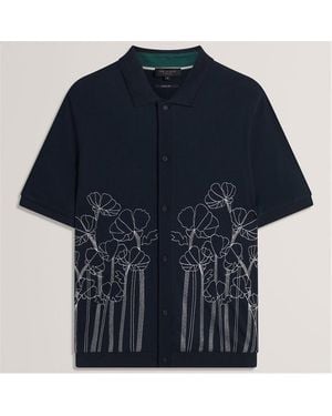 Ted Baker Embroidered Floral Pure Cotton Knit Shirt - Blue