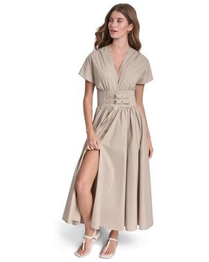DKNY Jeans Smocked Midi Dress W/ Buckle - Natural