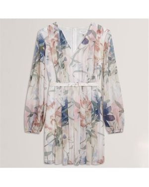 Ted Baker Floral Pleated Long Sleeve Mini Dress - Pink
