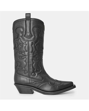 Ganni Embroidered Western Cowboy Boots - Black
