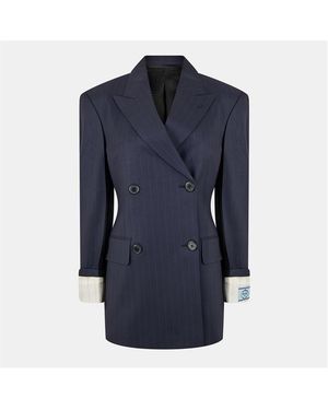 Prada Double Breasted Pinstriped Wool Long Sleeve Blazer - Blue