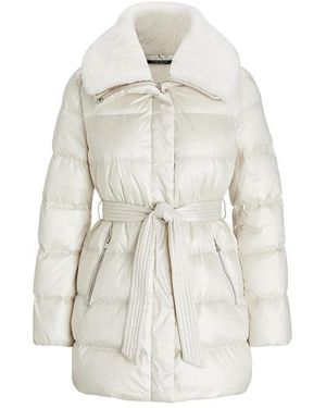 Ralph Lauren Faux Shearling Trim Belted Wind Resistant Duck Down Short Puffer Jacket - Grey