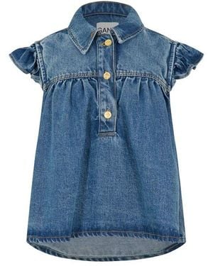 Ganni Denim Top Short Sleeve Blouse - Blue