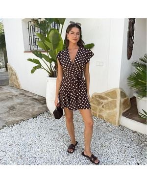 AX Paris Chocolate Polka Dot Print Wrap Top Skater Mini Dress - Metallic
