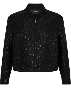 Versace Leopard Print Wool Long Sleeve Bomber Jacket - Black