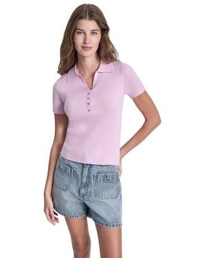 DKNY Jeans Short Sleeve Rib Polo W/ Logo Rhinestone Buttons - Purple