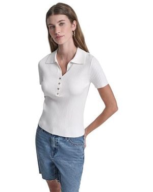 DKNY Jeans Short Sleeve Rib Polo W/ Logo Rhinestone Buttons - White