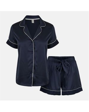 Chelsea Peers Satin Lace Short Sleeve Pyjama Set - Blue