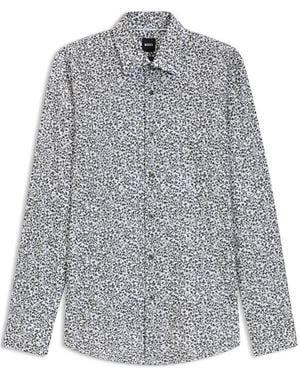 BOSS Floral Print Stretch Cotton Long Sleeve Slim Fit Shirt - Grey