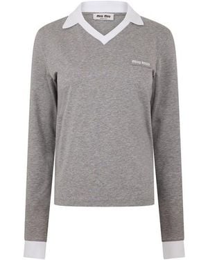 Miu Miu Jersey Top Knitted Long Sleeve Polo Shirt - Grey