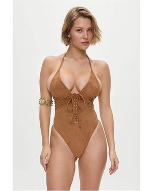 Frankie's Bikinis X Bella Hadid Barrel Suede One Piece Swimsuit - Brown