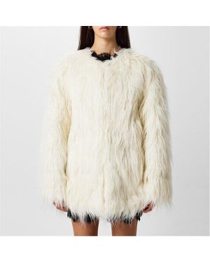 Saint Laurent Long Sleeve Lambskin Trim Oversized Fit Faux Fur Coat - White