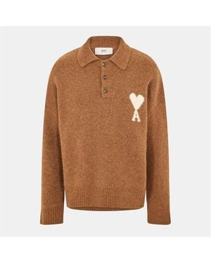 Ami Paris Adc Knitted Long Sleeve Polo Shirt - Brown