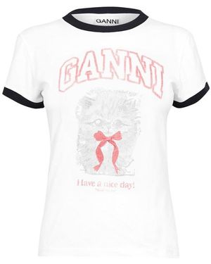 Ganni Kitty Print Baby Tee - White