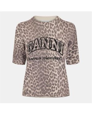 Ganni Leopard Print Knitted Top - Brown
