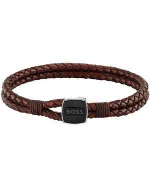 BOSS Braided Leather Seal Bracelet - Brown