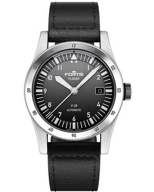Fortis Flieger Stainless Steel Leather Strap Automatic Auto Analogue Watch - Black