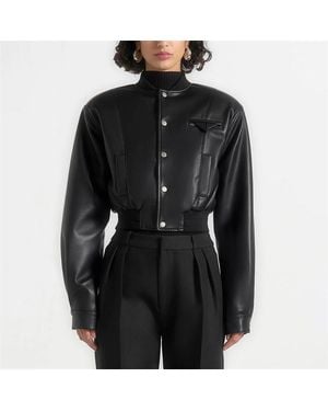 Manière De Voir Leather Wide Shoulder Bomber Jacket - Black