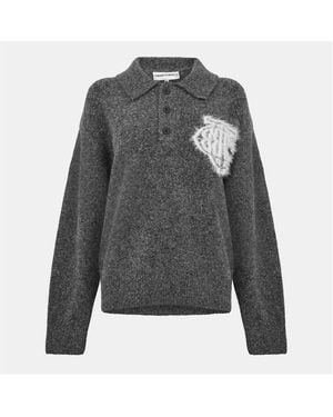 The Couture Club Fluffy Knitted Long Sleeve Polo Shirt - Grey