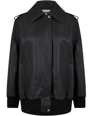 McQueen Aviator Bomber Leather Long Sleeve Oversized Fit Jacket - Black