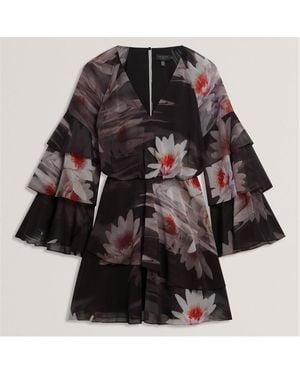 Ted Baker Lily Print Frilled Long Sleeve Mini Dress - Black