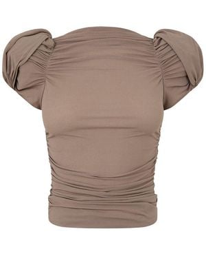 Magda Butrym Puff Sleeve Ruched Slim Fit T-Shirt - Brown