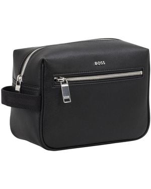 BOSS Daxter Leather Travel Washbag With Zip Pockets - Black