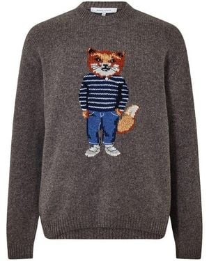 Maison Kitsuné Dressed Fox Intarsia Wool Crew Neck Jumper - Grey