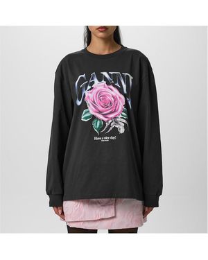 Ganni Rose Print Crew Long-Sleeve T-Shirt - Blue