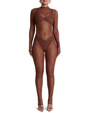 Naked Wardrobe Stretch Lace Stirrup Jumpsuit - Brown