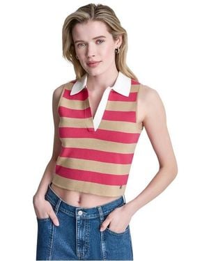 DKNY Striped Sleeveless Polo Jumper - Red