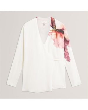 Ted Baker Print Detail Wrap Front Long Sleeve Blouse - White