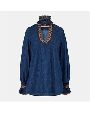 Valentino Embroidered Chambray Denim Top - Blue
