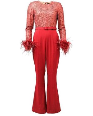 Lavish Alice Womenss Sequin Feather Jumpsuit - Red