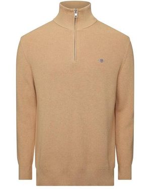 GANT Cotton Merino Ribbed 1/4 Zip Fleece Top - Natural