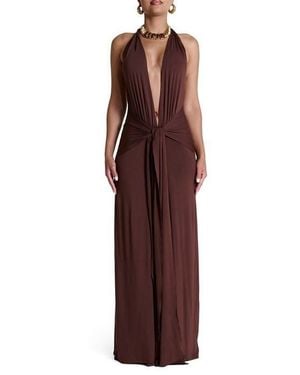 Naked Wardrobe Smooth Halter Plunge Drape Tie Dress - Brown