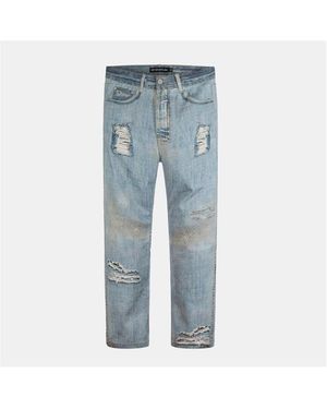 PRETTY BOY UGLY WORLD Printed Cotton Distressed Straight Leg Jeans - Blue