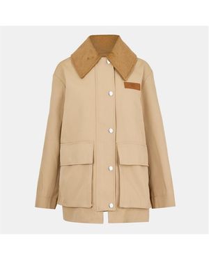 Ganni Camel Twill Midi Long Sleeve Button Field Jacket - Natural