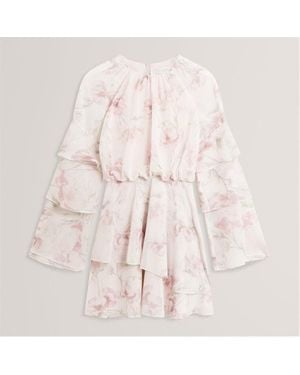 Ted Baker Rose Print Frilled Long Sleeve Mini Dress - Pink