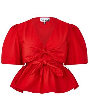 Ganni Poplin Bow Short Sleeve Blouse - Red