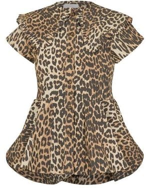 Ganni Printed Peter Pan Short Sleeve Blouse - Metallic