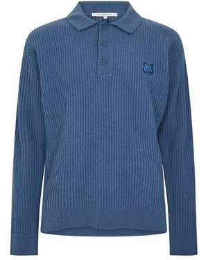 Maison Kitsuné Fox Hooded Wool Jumper Knitted Long Sleeve Polo Shirt - Blue