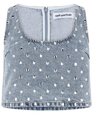 Self-Portrait Rhinestone Jean Top - Blue