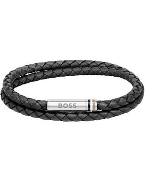 BOSS Gents Ares Double Wrap Leather Bracelet - Black