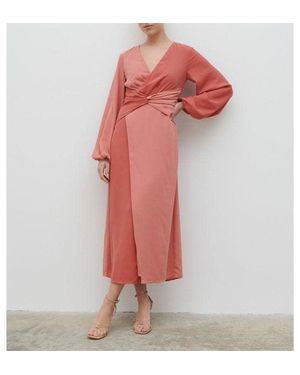 Pretty Lavish Friena Knot Contrast Long-Sleeve V-Neck Midaxi Dress - Red