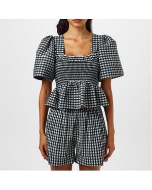 Ganni Seersucker Smock Blouse - Black