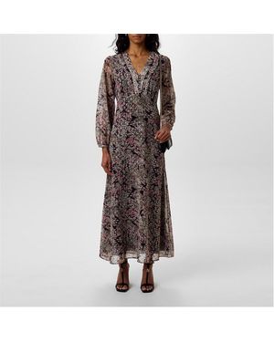 BOSS C Dennas Semi-Sheer Long Sleeve V-Neck Maxi Dress - Multicolour