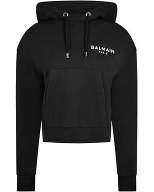 Balmain Logo Cotton Drawstring Hoodie - Black