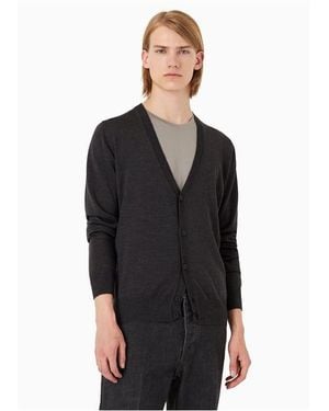 Emporio Armani Plain-knit Virgin-wool V-neck Cardigan - Black